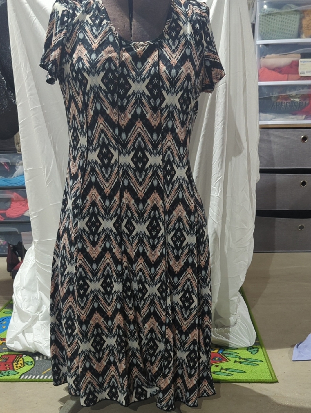 Sami & Jo Black, Cream and Blush Aztec-Print Midi Dress
